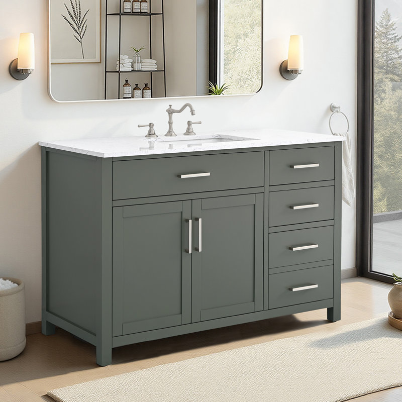 Ensemble de meuble-lavabo simple 48 po avec plateau en marbre Tremolo, Vert rétro / nickel poli