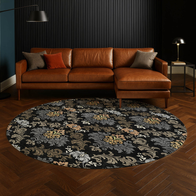 Machine Washable Indoor/Outdoor Chantille ACN2544 Damask Rug, Round 8', Black
