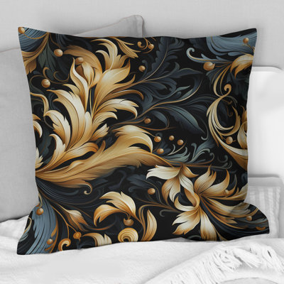 Black And Gold Damask Flower Blossoms I - Damask Polyester Throw Pillow