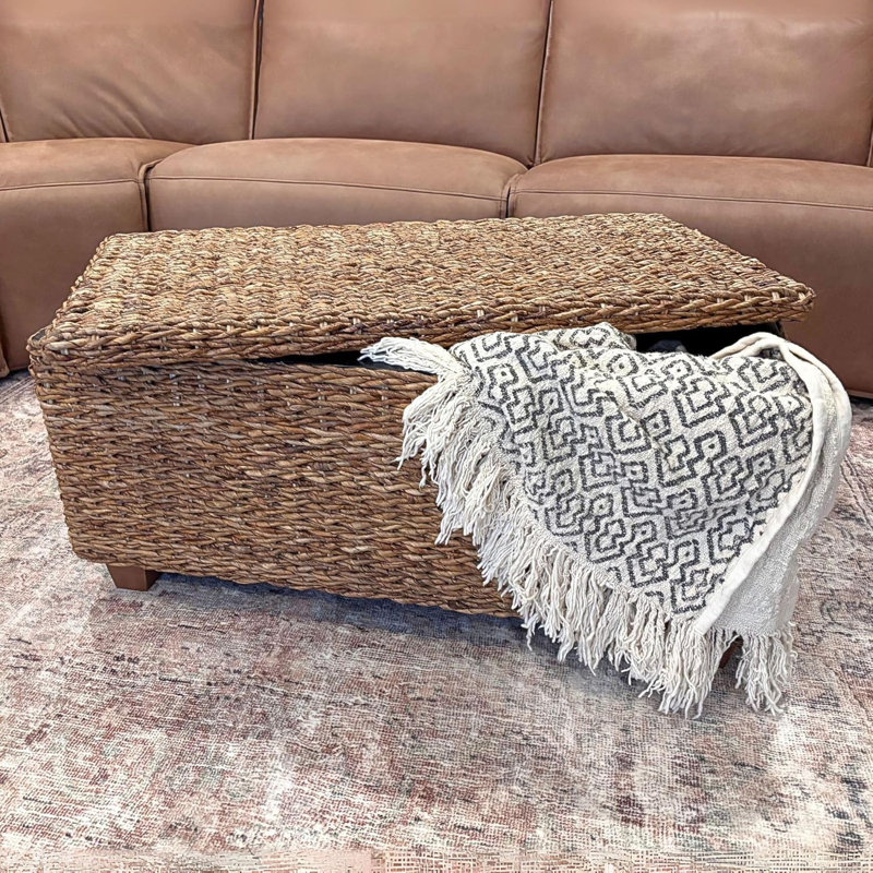 Woven Rattan Storage Coastal Coffee Table, 37X20x18 Inches (Natural)