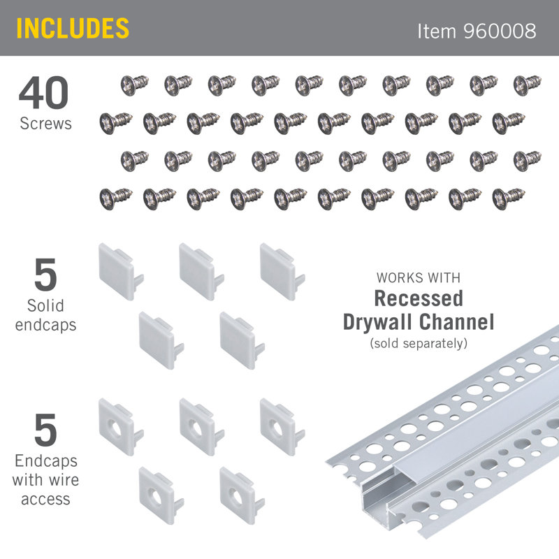 Accessory Packs for LED Tape Light Mounting Channels, Recess Drywall Mount, Grey