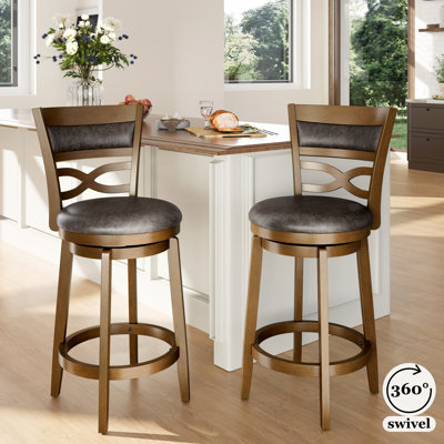 26” Vintage Upholstered Wood Counter Stool With Wide Back And Faux Leather Seat (Set of 2)