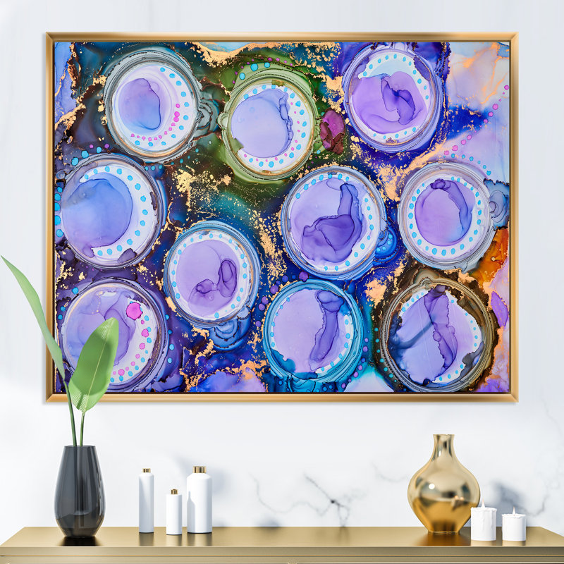 Mauve et bleu, abstrait abstrait et fluide - Peinture sur toile, H 16 po x l 32 po x P 1 po, Cadre flottant doré