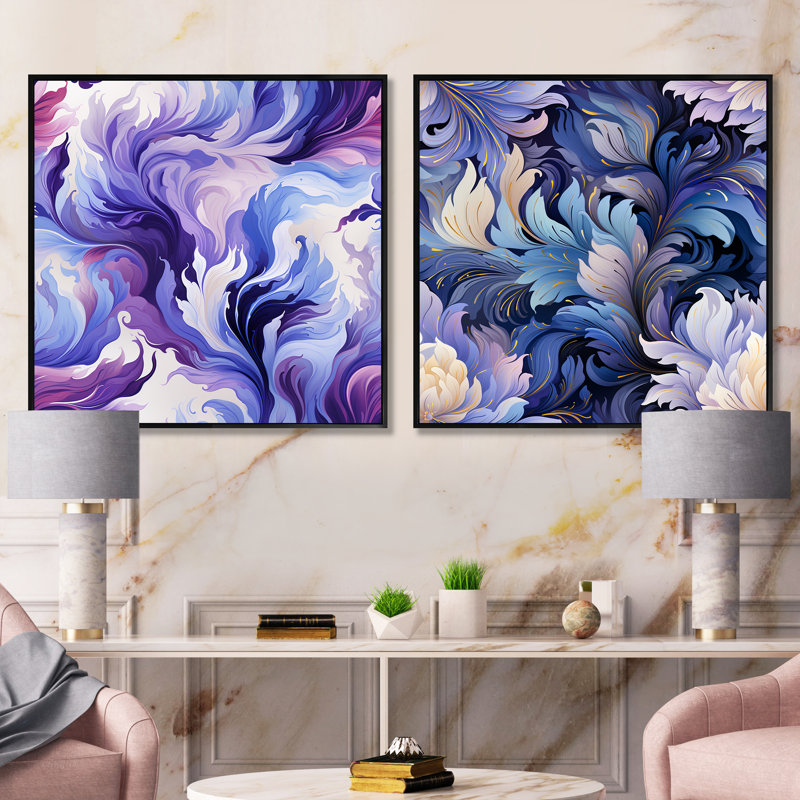 «Ikat Whimsy» mauve et bleu - ensemble de collage abstrait botanique carré, Cadre flottant noir, H 16 po x l 33 po