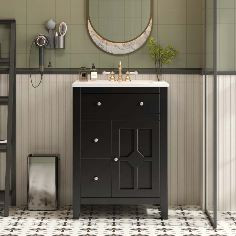 Meuble-lavabo moderne de 24 pouces avec lavabo en céramique, conception compacte avec tiroirs à fermeture en douceur et tablette réglable