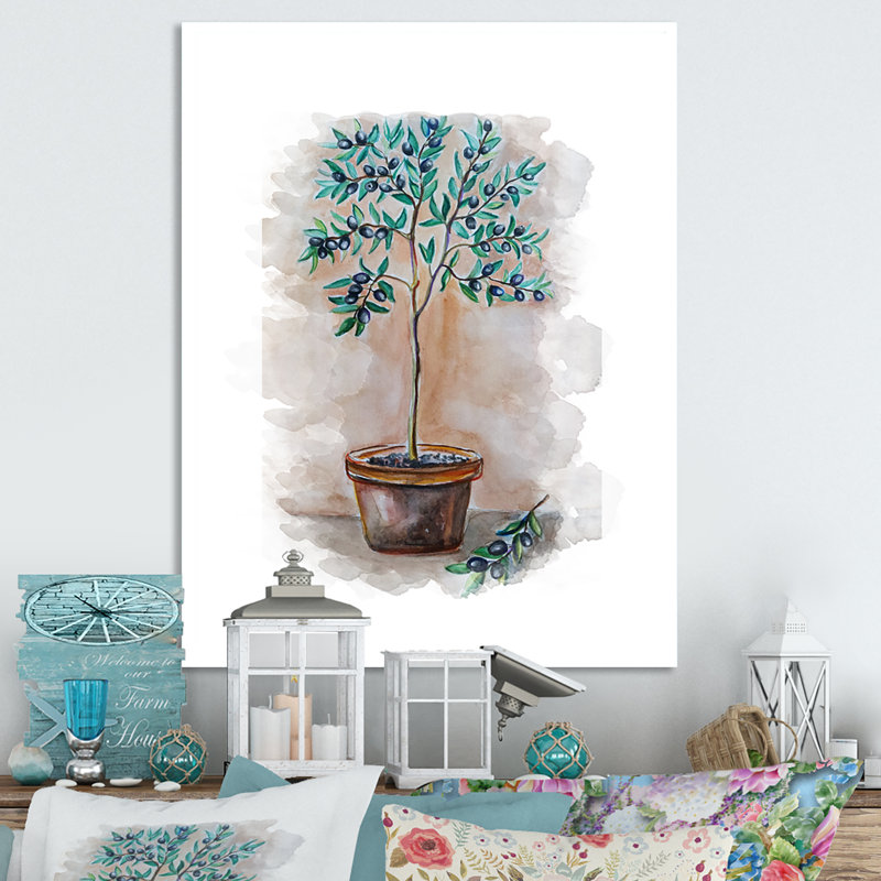 Pot d'olivier vert - peinture, H 20 po x l 12 po x P 1 po, Toile tendue