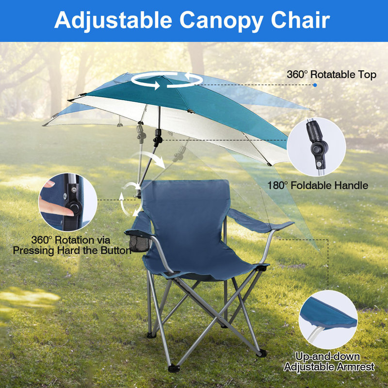 Seidler 220.5 lbs Capacity Foldable Camping Chair with Detachable 360° Sun Canopy  600D Oxford Fabric, Black