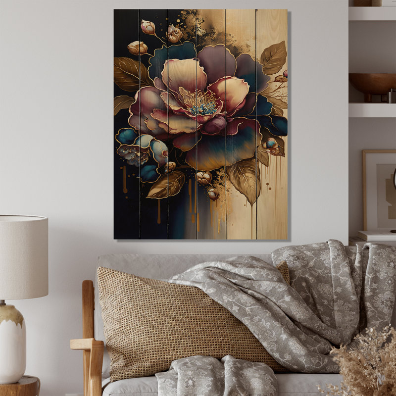 Motif floral rouge et doré Camellia I - impression sans cadre sur bois, H 20 po x l 12 po x P 1 po