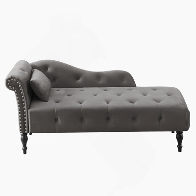 60.6" Velvet Chaise Lounge Buttons Tufted Nailhead Trimmed Solid Wood Legs With 1 Pillow