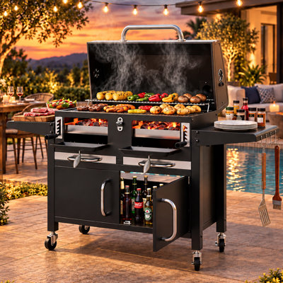 Large Charcoal Grill with Adjustable Charcoal Trays, Cast Iron Grates, Built-In Chimney & Foldable Side Tables