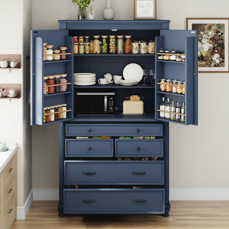 Grand garde-manger autoportant, armoire de rangement haute avec 2 tablettes ajustables et 5 tiroirs, Blue