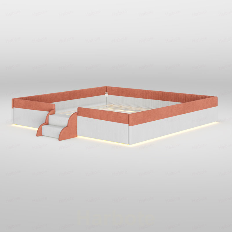 Lit très grand tapissier avec clôture, marches à 2 niveaux et lumières DEL intelligentes, Très grand lit, Rose
