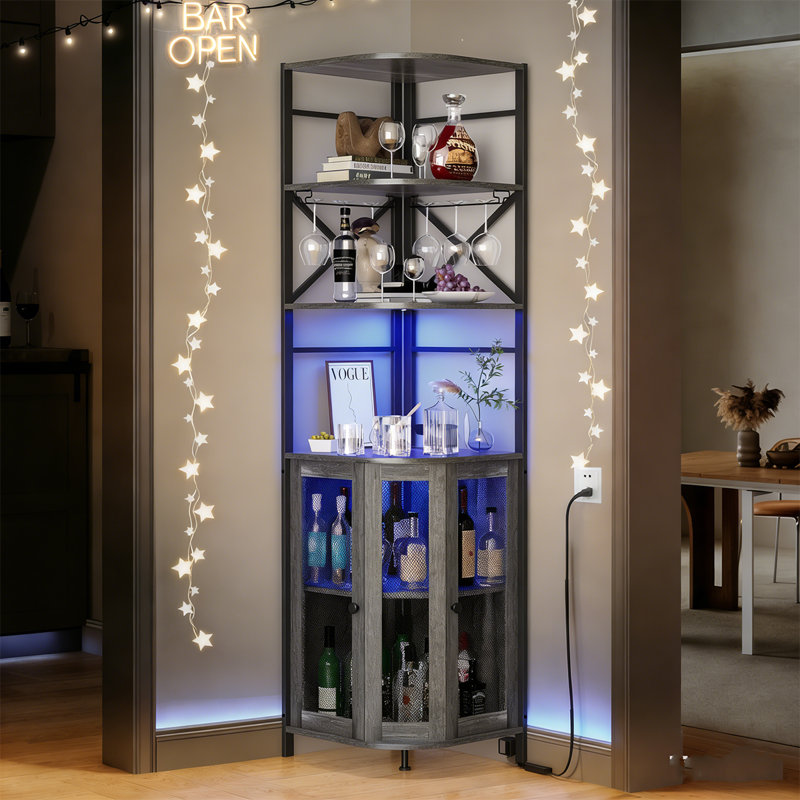 Bar d'angle avec rangement pour le vin, tablette de coin à 6 niveaux avec bande de DEL et porte-verre de 71,1 po de hauteur