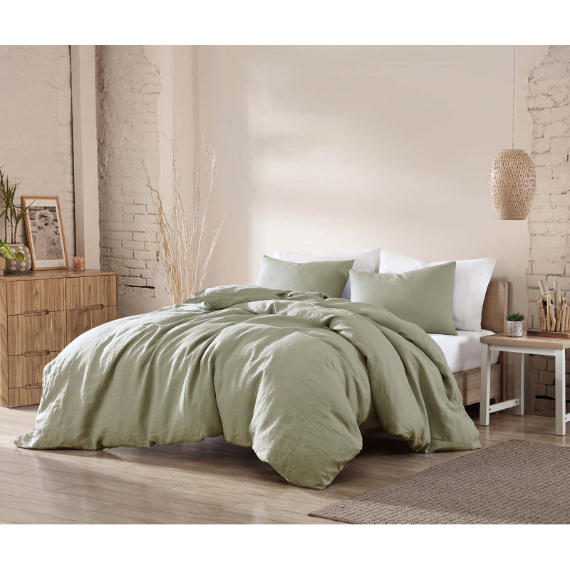 Flanary Hilma Linen 3 Piece Comforter Set, Sage, Queen Comforter + 2 Standard Shams