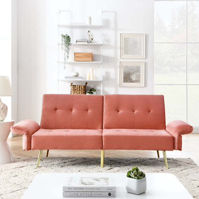 Italian Velvet Futon Sofa Bed, Convertible Sleeper Loveseat Couch with Folded Armrests and Storage Bags for Living Room and Small Space, 280g velvet