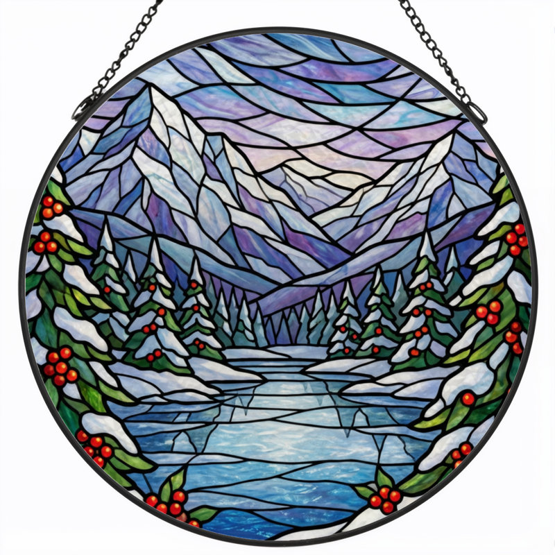 Panneau de vitrail paysage d'hiver H 7,8 po, H 7,8 po x l 7,8 po