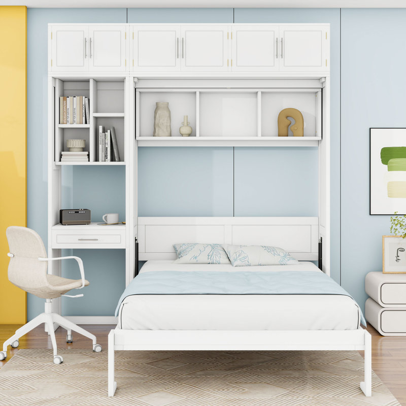Lit escamotable en bois avec bureau intégré et tablettes et tiroir, Complète , Blanc