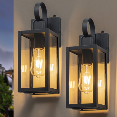 Black Dusk To Dawn Outdoor Wall Lantern With Tempered Glass Shade And Closed Bottom (2-pack)
