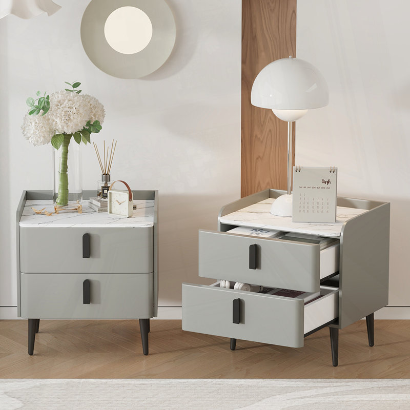 Table de chevet avec plateau de table en marbre, ensemble de 2, Ensemble de 2, Gris