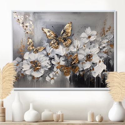 Phillipston Golden White Butterfly Wings And Flowers I - impressions sur toile florales