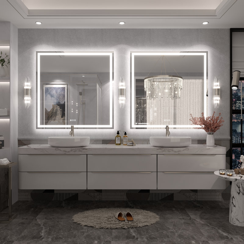 Molly Framelss or Framed LED Anti-Fog Tempered Glass Wall Bathroom Vanity Mirror - UL Certified, 38" x 38", Clear
