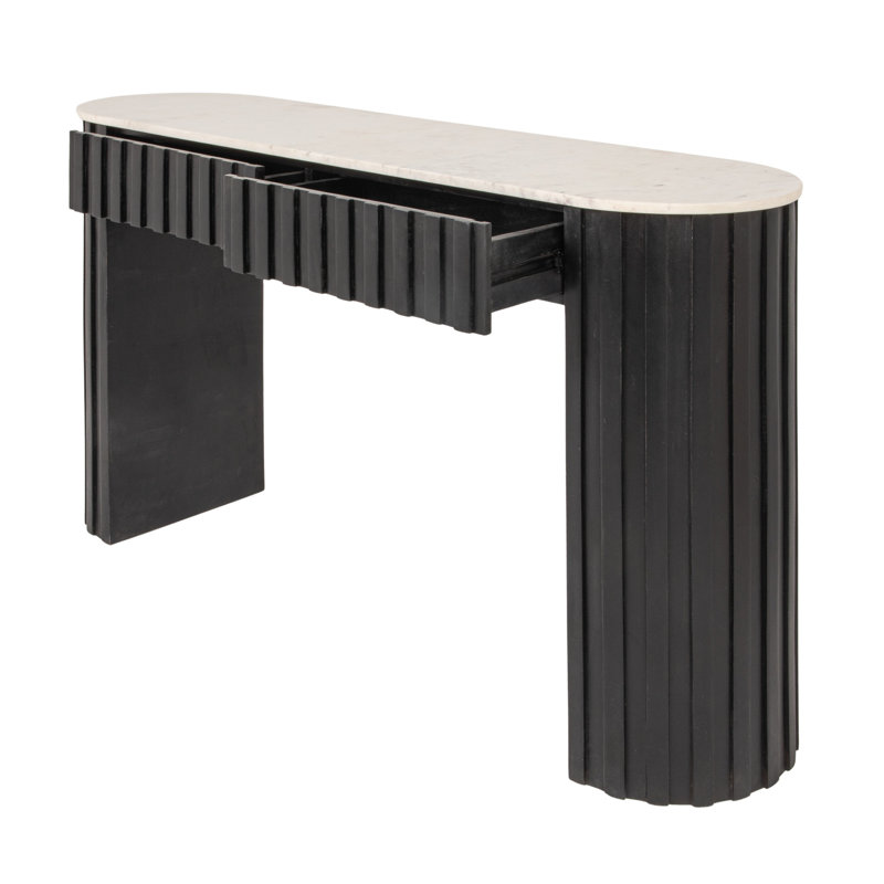Como  Fluted Mango Wood Console Desk Table With Oval Marble Top