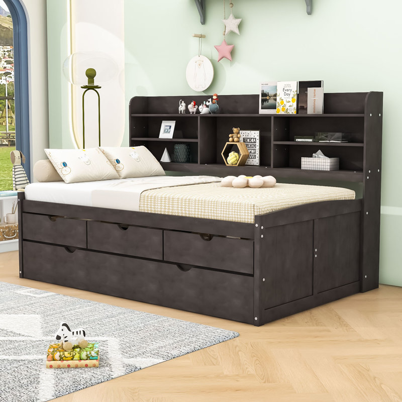 Shavada Twin Size Wooden Daybed with Built-in Bookshelves,Storage Drawers and Twin Trundle, Antique Brown