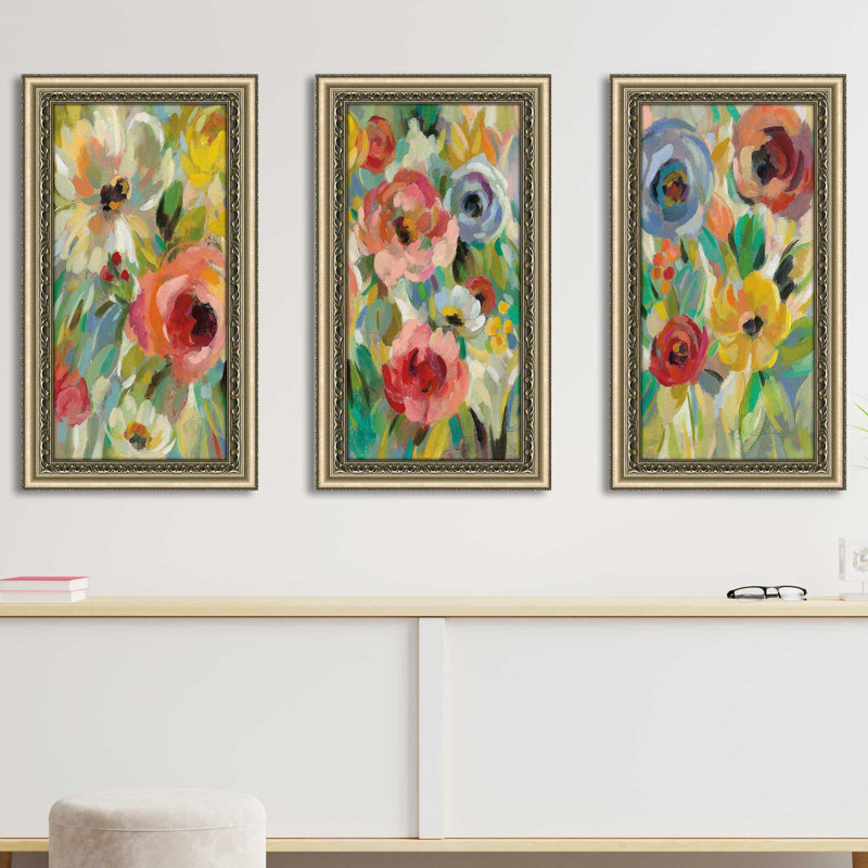 «Vivid Coral Floral I», peinture sur cadre 3 pièces, H 27,5 po x l 46,5 po x P 0,75 po