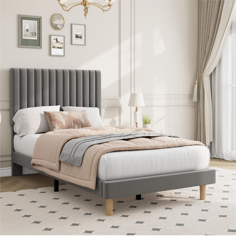 Twin Size Velvet Upholstered Platform Bed Frame with Adjustable Height Headboard, No Box Spring Needed, Easy Assembly - Grey