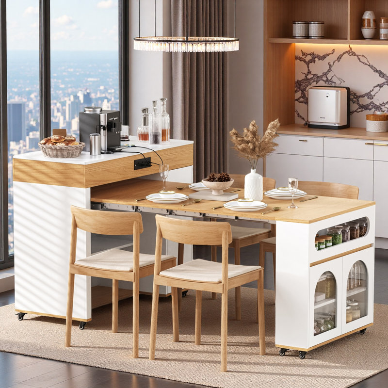 Îlot de cuisine roulant avec plateau pliable extra long, tiroirs, armoires, prise de courant et roues verrouillables, Naturel