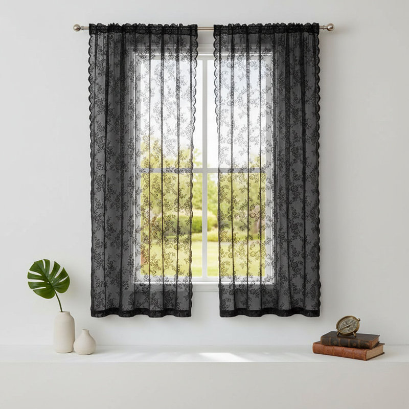 2 Panel Lace Curtain Airy Sunscreen Thin Dustproof Washable Decorative Tear Resistant Floral Patterned Black Lace Sheer Curtain For Home Decor, W/100cm X L/100cm