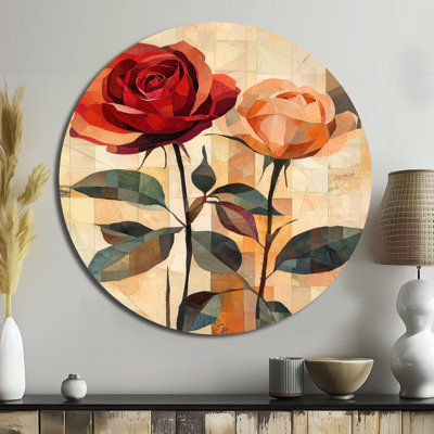 Red Velvet Geometric Rose Passion II - Roses Round Metal Wall Art, Modern Red Metal Art Print