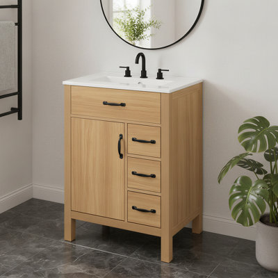 Meuble-lavabo traditionnel 24 po avec lavabo en céramique 24 po, 1 porte, 1 tiroir rabattable et 3 tiroirs