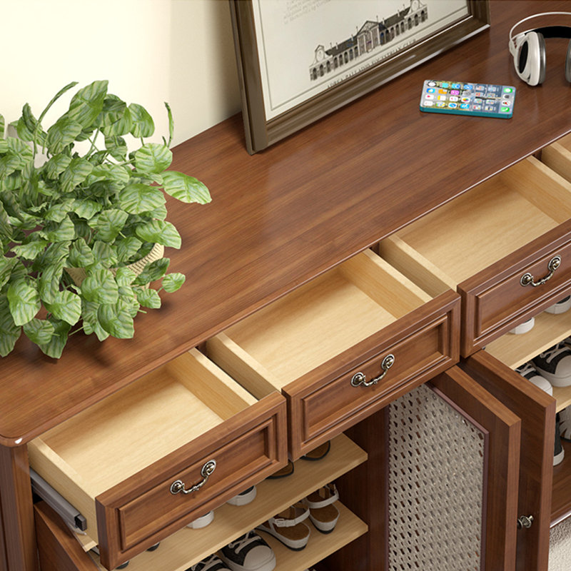 Nut-brown Solid Wood+Rattan Shoe Storage Bench