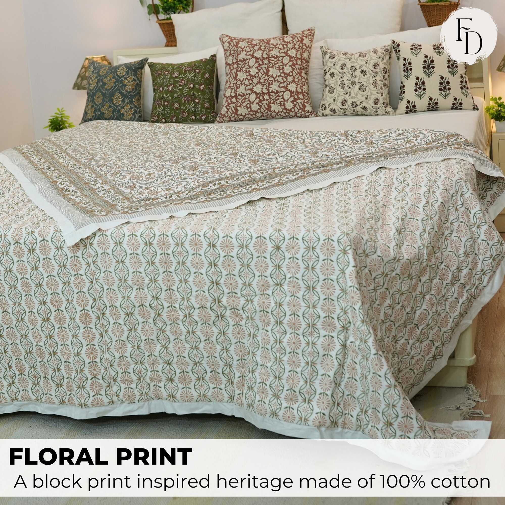 Fabdivine Luxury Block Print Cotton Quilt Floral Boho Bedding for Bedroom & Sofa, Green/Gray, Twin