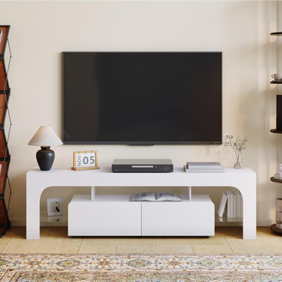 Meuble télé moderne, en bois d'ingénierie avec éclairage DEL, 2 tiroirs et tablettes ouvertes, s'adapte aux téléviseurs jusqu'à 70 po, finition noyer pour le salon ou la chambre à coucher