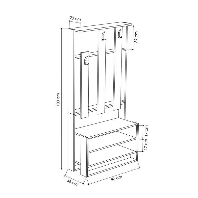 Modern Hall Stand with Numerous Shelves, White & Oak Finish, 35.4 x 70.9 x 14.2 inches | 100% Melamine Coated Particle Board, Thickness: 0.7 inches | Wall-Mountable, Stylish Scandinavian Design for Entryway Storage