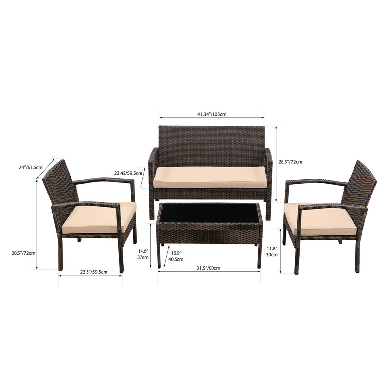 Ensemble de conversation 4 pièces avec canapé en rotin et coussins, Beige, Brun