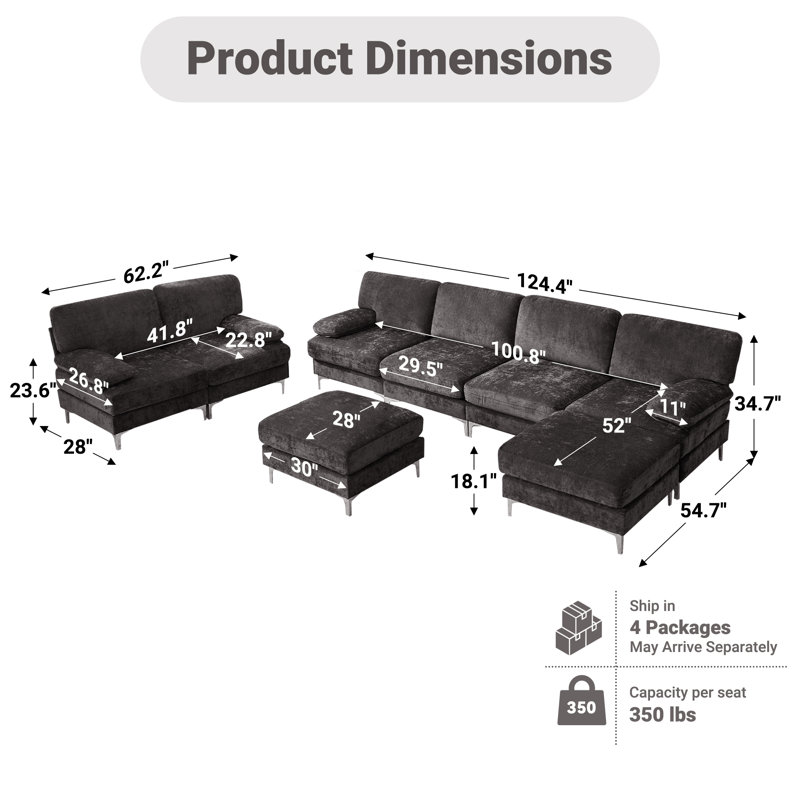 Canapé simple modulaire rembourré 8 places 123,62 po, Gris foncé