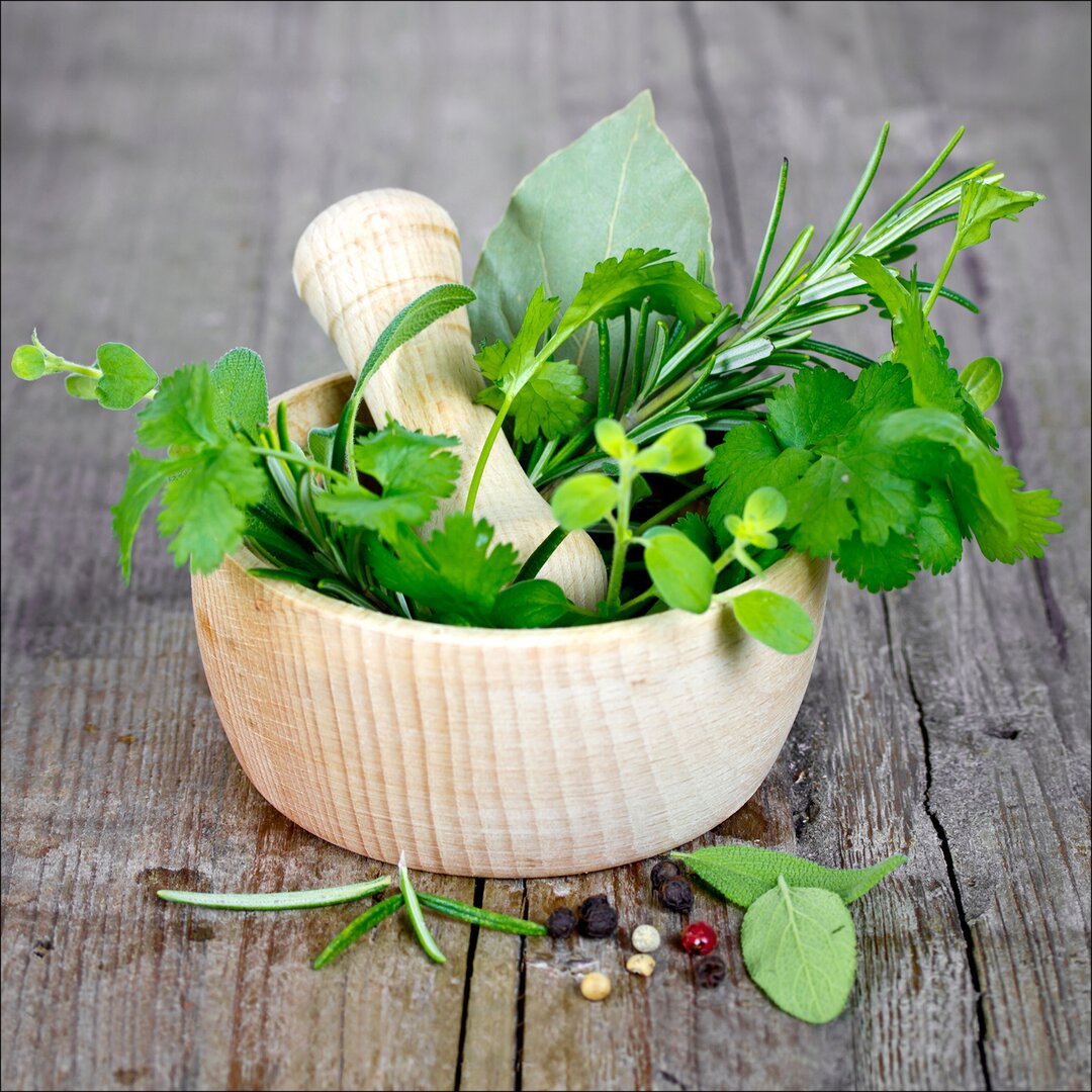 Glasbild Green Basil in Bowl I