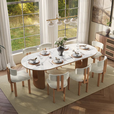94" Mid-Century Modern Oval Dining Table For 8, White Scratch-Resistant Glossy Sintered Stone Top & Walnut Fluted Pedestal Base, Easy-To-Clean Kitchen Table, Fluted Dining Table, Japandi Dining Table
