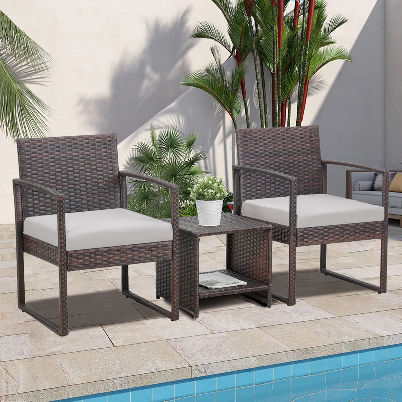 3 Pieces Patio Sets, Outdoor Conversation Porch Bistro Sets Rattan Wicker Small Furniture Chairs With Coffee Table, Brown