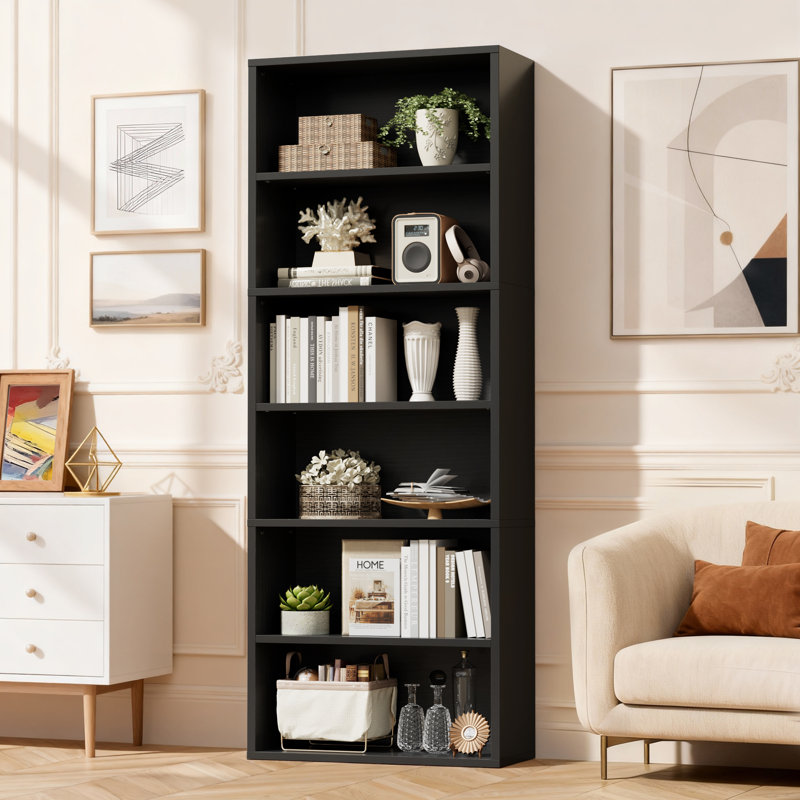 6‑Tier Freestanding Corner Bookshelf, Open Storage Shelf Bookcase for Home Office, Living Room, Black