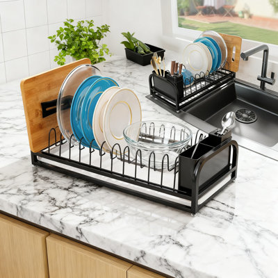 Small Dish Drying Rack For Kitchen Counter, 304 Stainless Steel Dish Drainer With Removable Tray & Cutlery Holder, Compact Plate Rack For Pots, Pans, Cutting Boards & Lids