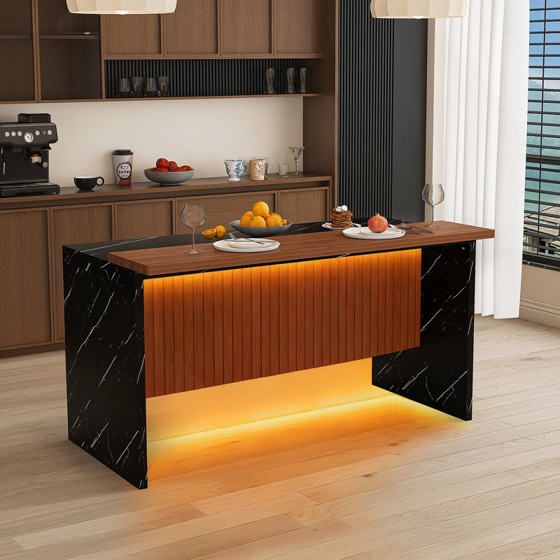 Modern Kitchen Island With Marble-Look Surface, LED Lights, And Grille Design For Stylish And Functional Dining And Living Spaces