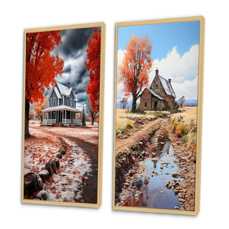 Farmhouse - harmonie rouge et grise - ensemble de 2 reproductions, Encadrement brun, H 40 po x l 40 po