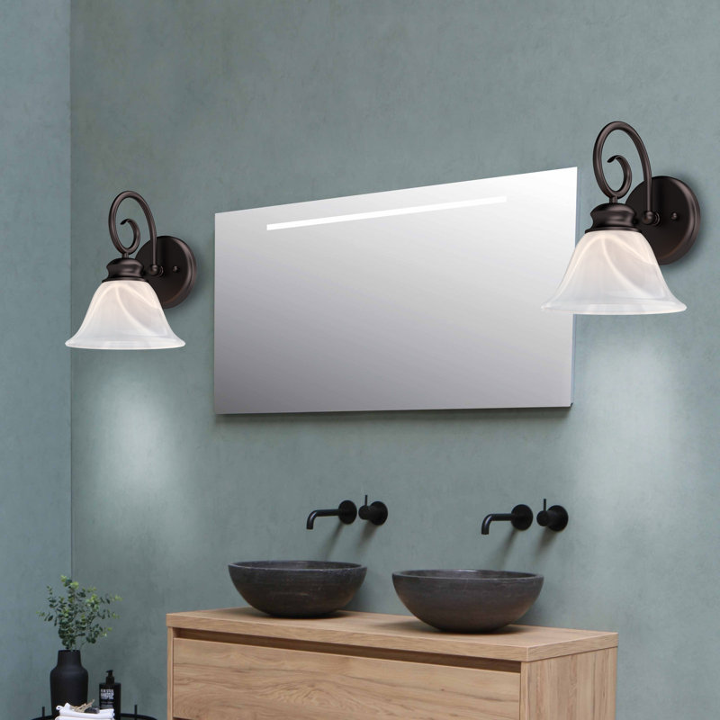 Applique murale ou applique murale pour salle de bain ou meuble-lavabo en bronze antique à 1 lumière avec abat-jour en verre albâtre Troy