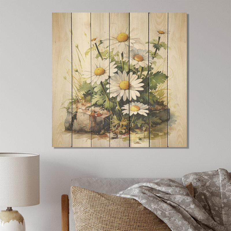 Daisy Flower On Calm Stone III - Daisy On Wood Print, 15" H x 15" W
