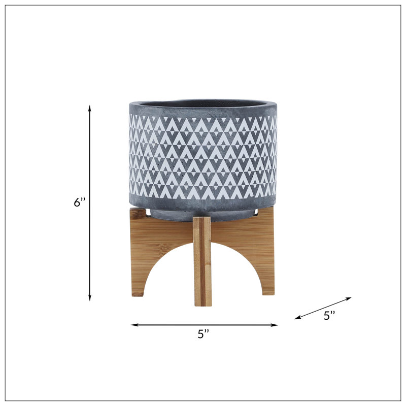 CERAMIC AZTEC PLANTER ON WOODEN STAND, GRAY, 6" H x 5" W x 5" D