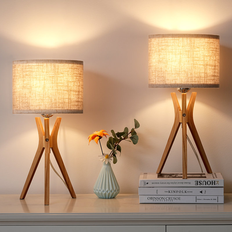 Solid Wood Tripod Lamp, Yellow, Beige